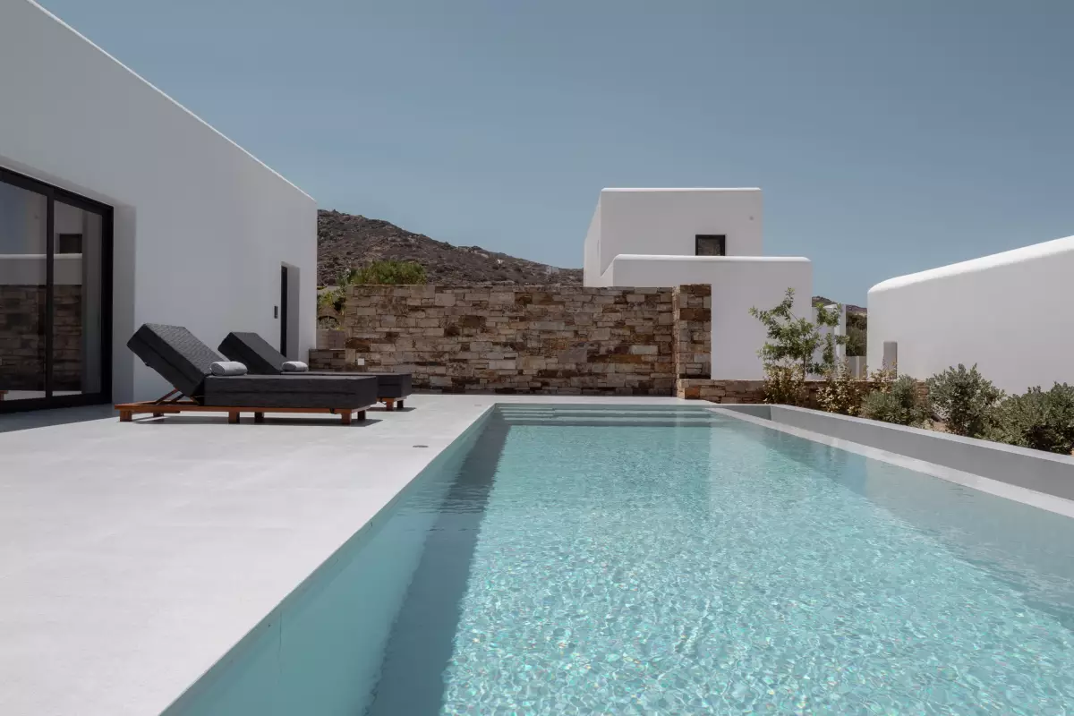 Bliss Hotel Ios pool golden light, Ios Greece
